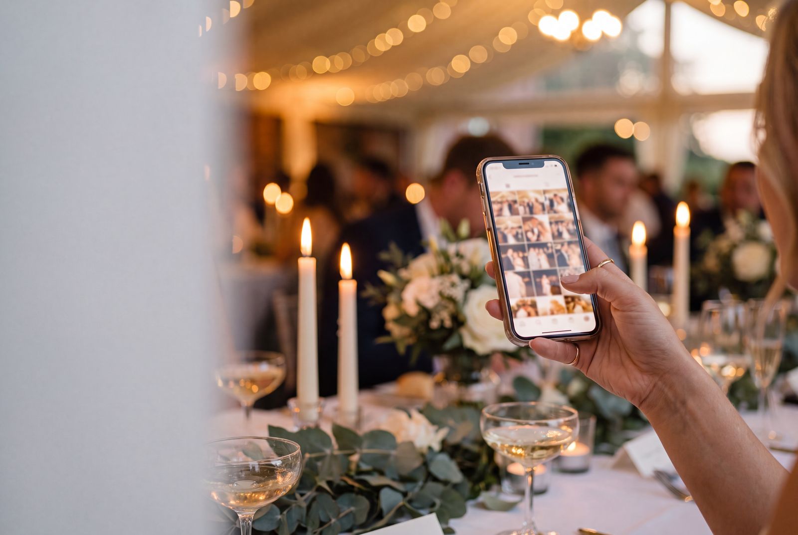 A wedding guest holding a phone showing the couple's photo gallery filling up, at a candlelit reception