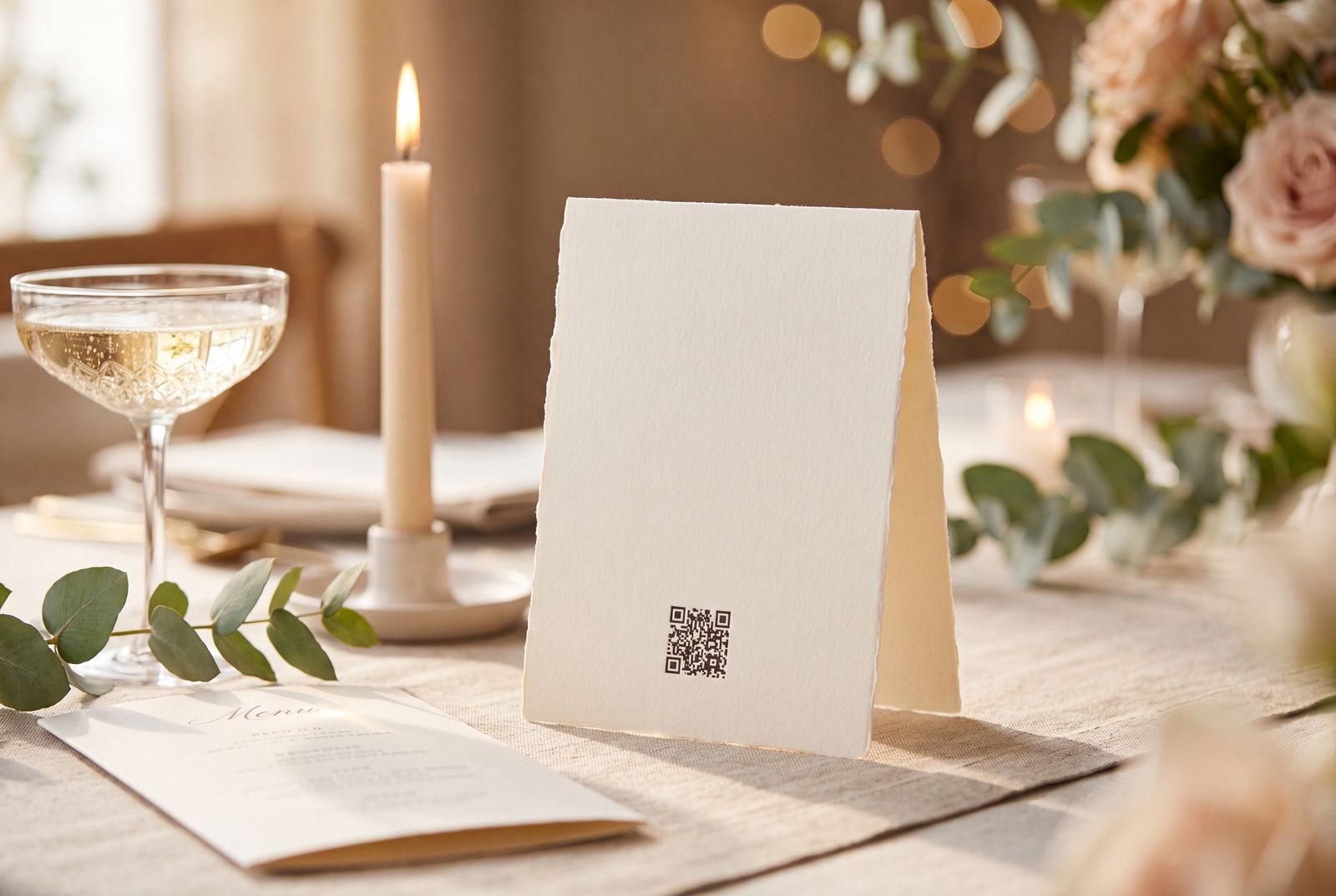 An elegant table card with a scannable code standing on a styled wedding place setting